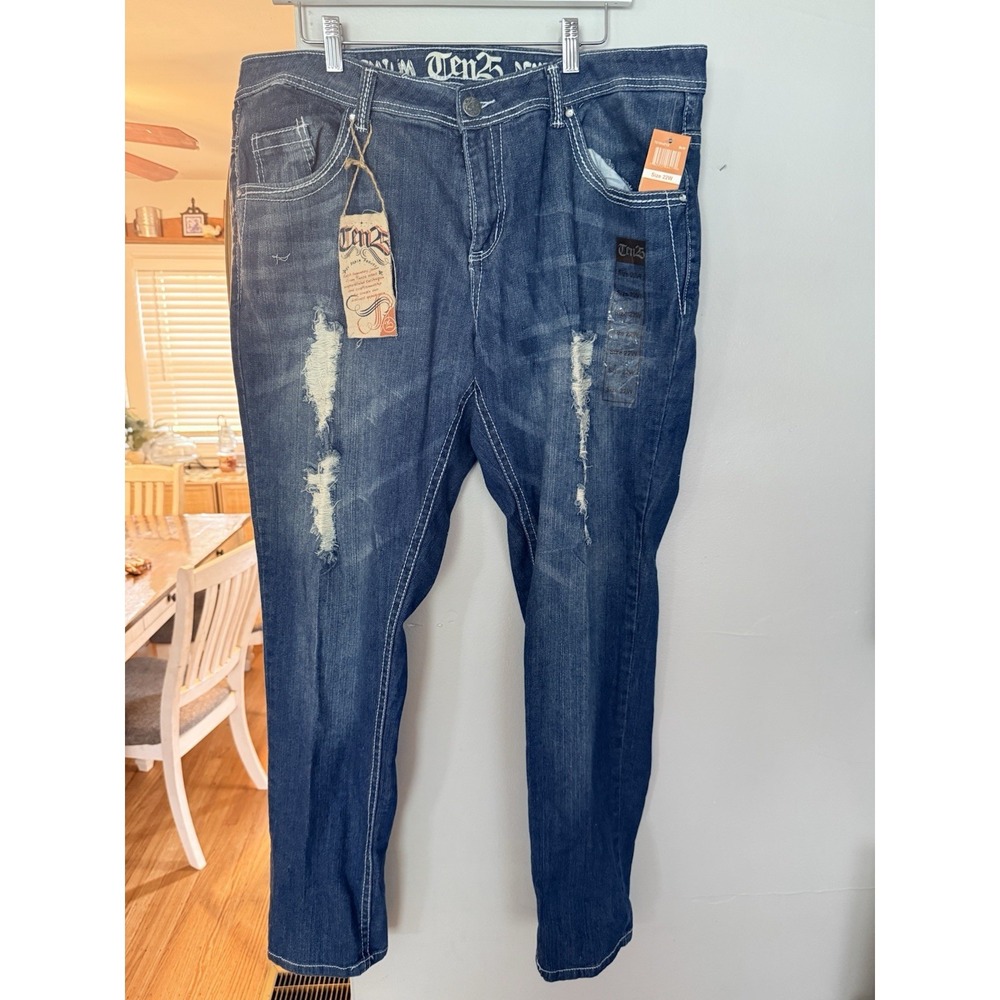 Ten25 Jeans‎ Womens 22 Cotton Denim Skinny Dark Wash Distressed Bedazzled